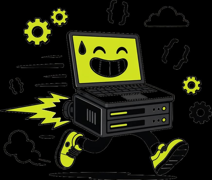 A cheerful laptop-server character running, with gears and code braces around it